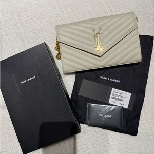 Saint Laurent White Quilted Clutch with Gold Accent